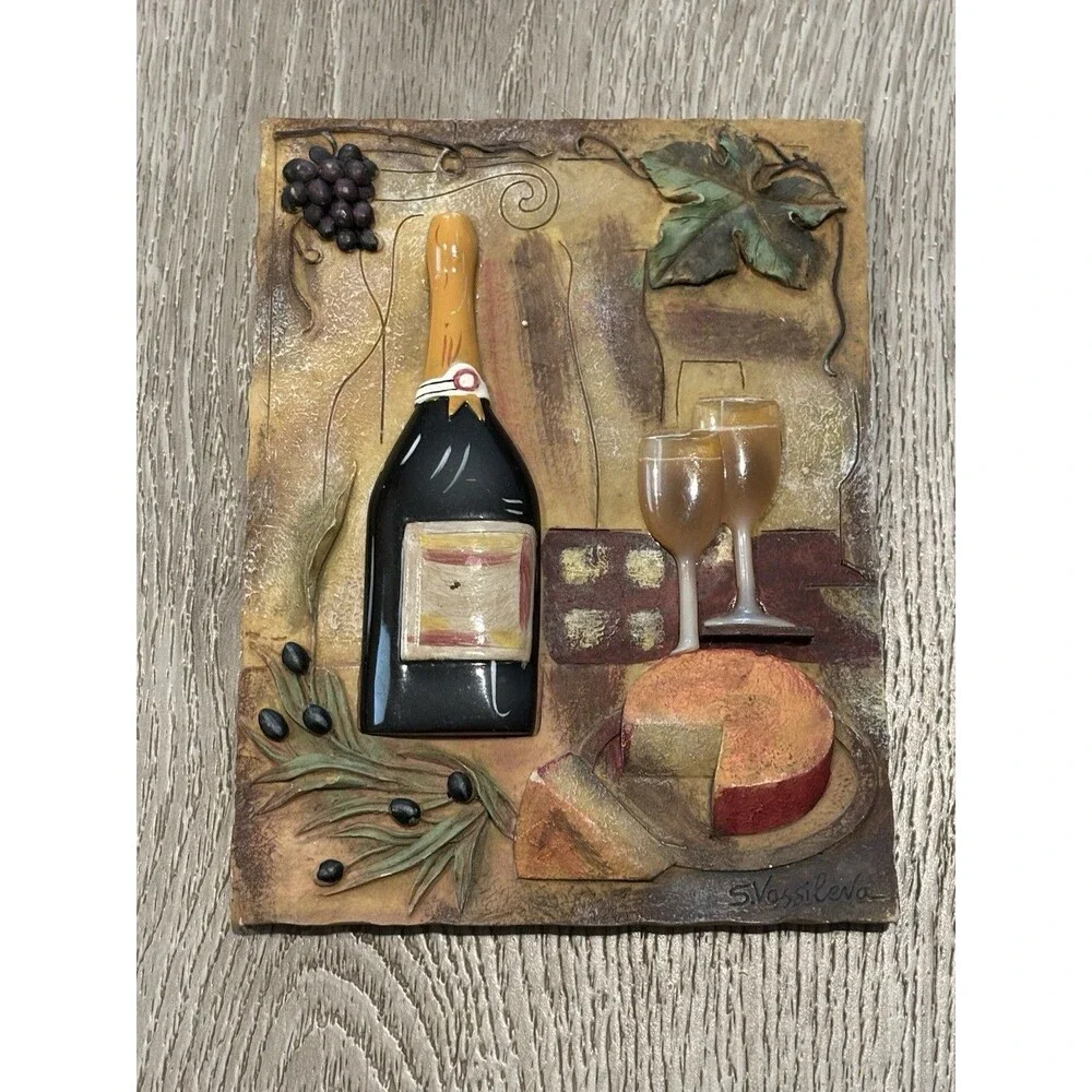 3D Wall Plaque S. Vassileva Wine Bottle Glasses Grapes Kitchen Decor Vino‎